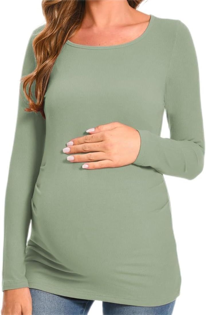 DDLUYY Maternity Shirt Scoop Neck Long Sleeve Pregnancy Clothes | Amazon (US)