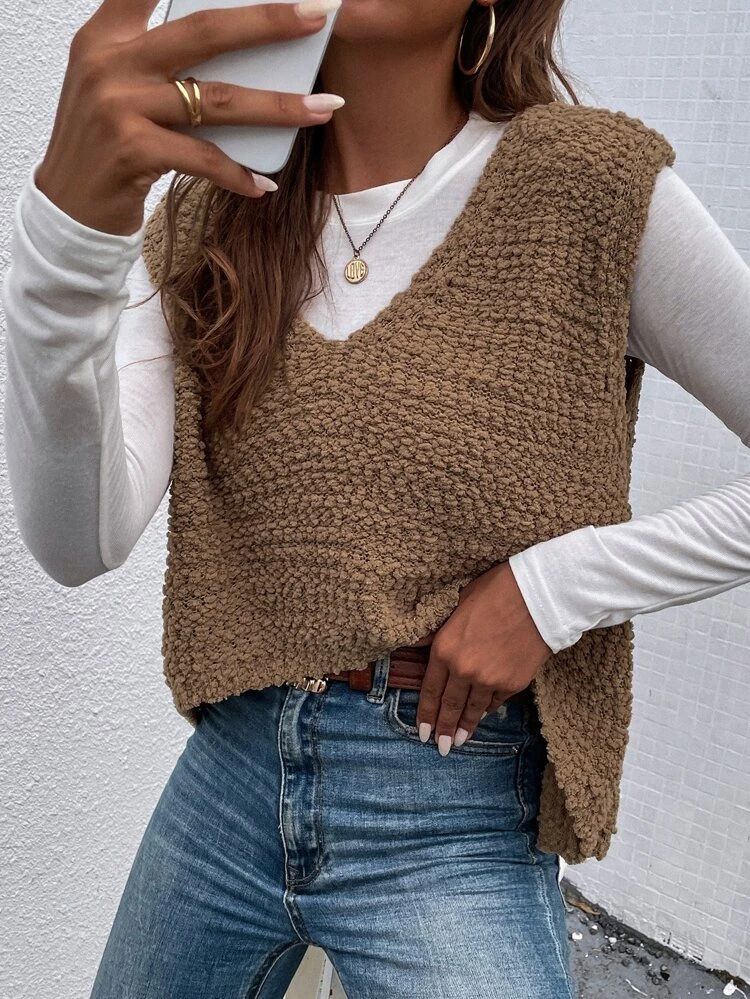 V Neck Cut Out Back High Low Sweater Vest | SHEIN