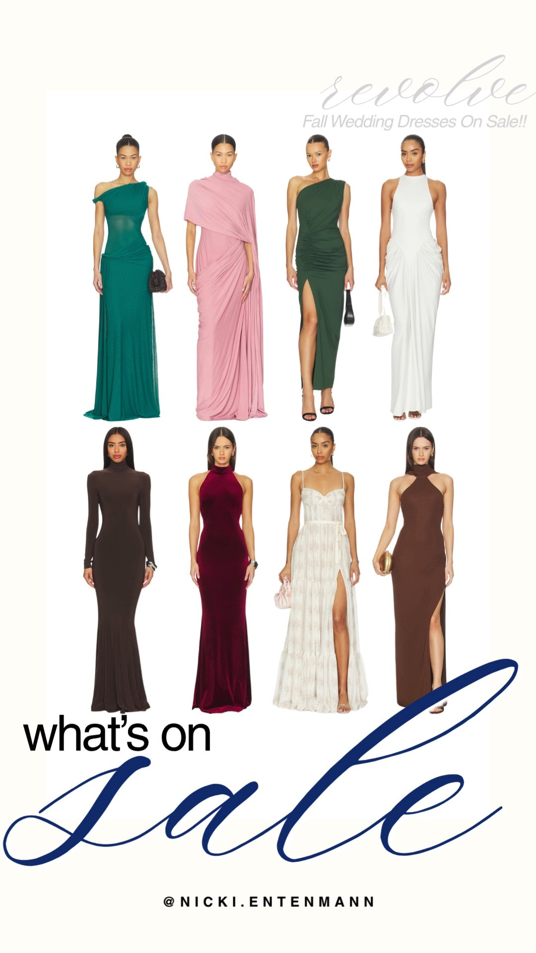RSVP in style with these fall wedding guest dresses on sale at Revolve! The elegant lineup features floor-length gowns and midi dresses in rich jewel tones like deep emerald green, rich wine burgundy, chocolate brown, soft dusty pink, and ivory. With details like high necklines, one-shoulder cuts, velvet textures, and thigh-high slits, these sophisticated looks are perfect for autumn celebrations.

#revolve #revolvesale #weddingguestdress #fallwedding #whatsonsale #formalwear #chicstyle 

 #LTKootd #LTKSaleAlert #LTKWedding
