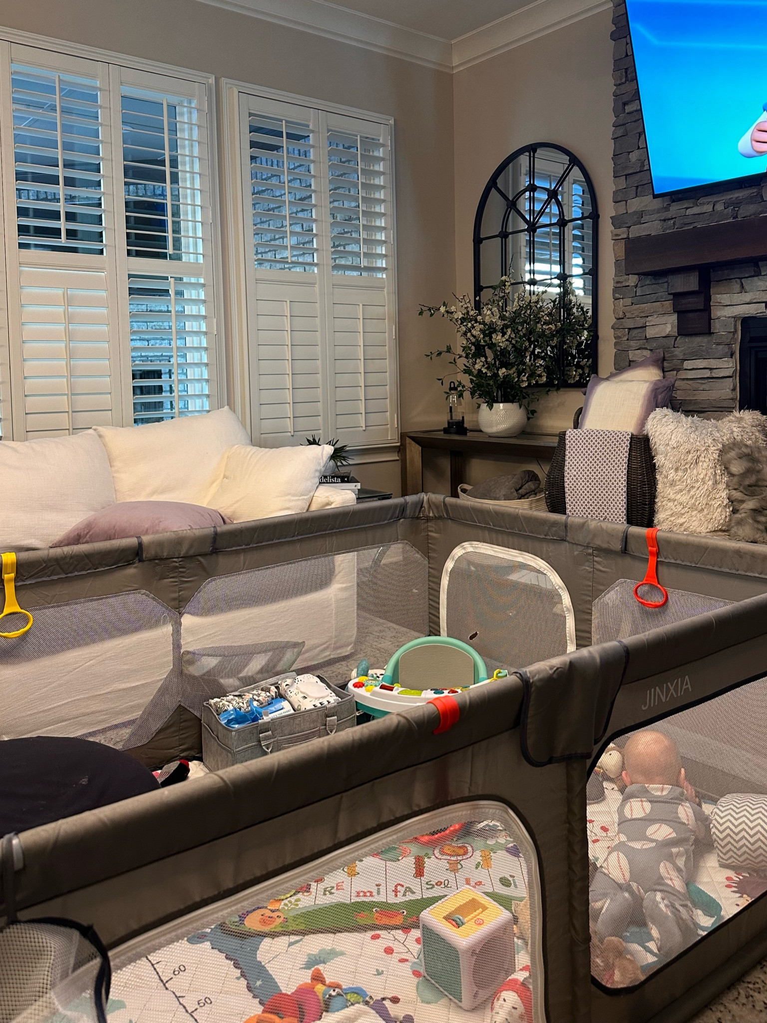 Baby playpen! Safe fun place for baby to play! We keep this in our living room, keeps the dog out, keeps my older kids from trampling him, and all his toys are in there for him to play with safety. The net is see through so you can see him at all times!