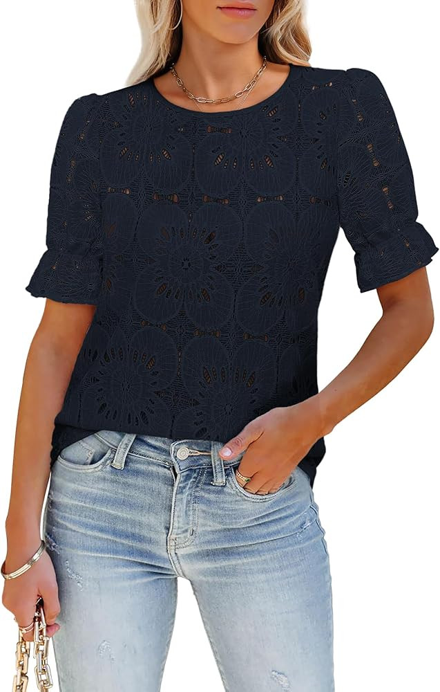 Women's Eyelet Tops Puff Short Sleeve Blouses Dressy Casual Cute Hollow Out Crochet Lace Embroide... | Amazon (US)