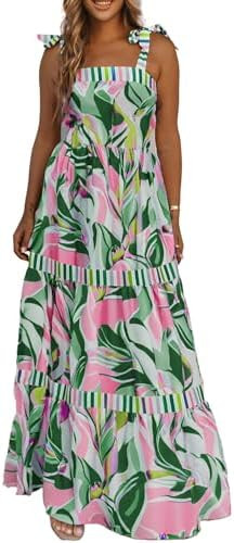 AlvaQ Women's 2025 Summer Sleeveless Floral Print Maxi Dress Strap Square Neck Beach Sun Dress | Amazon (US)