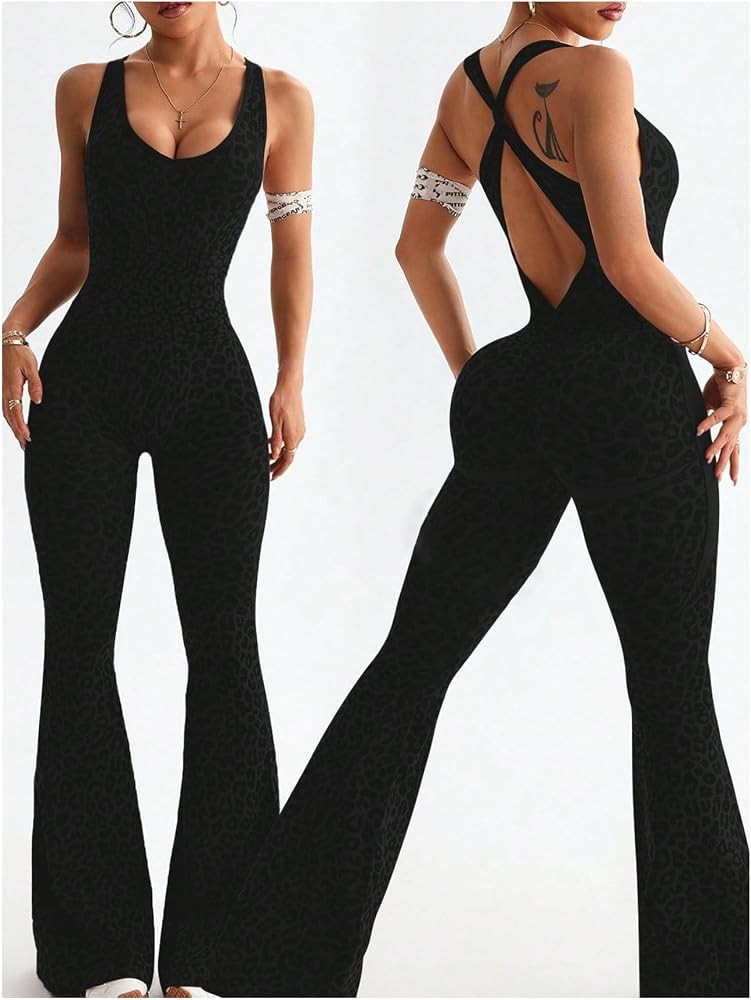 Verdusa Women's Cheetah Print Workout Sets Yoga Jumpsuit Criss Cross Sleeveless Work Out Clothes ... | Amazon (US)