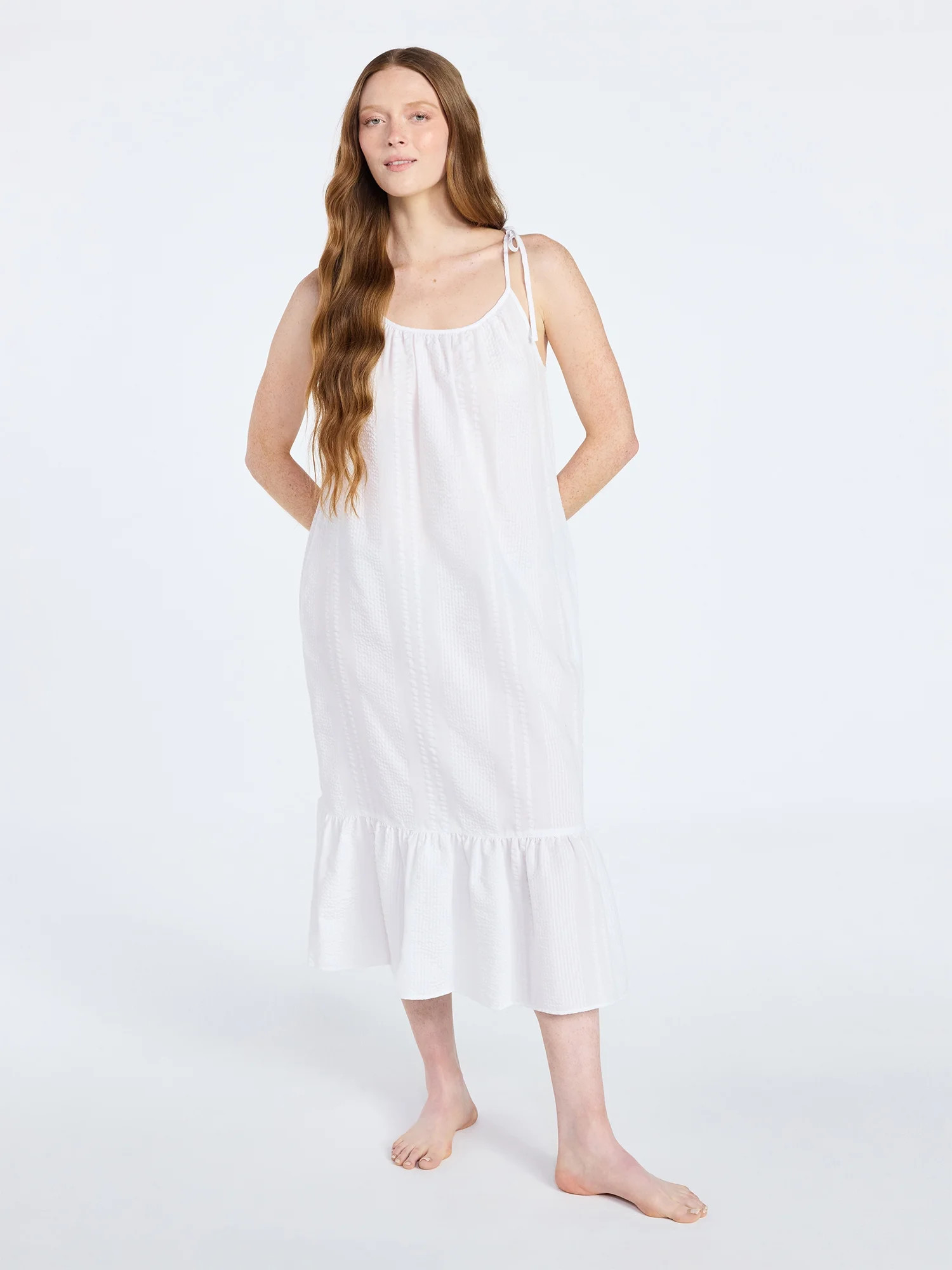 Joyspun Women's Seersucker Midi Sleep Gown with Shoulder Tie, Sizes XS to 3X | Walmart (US)