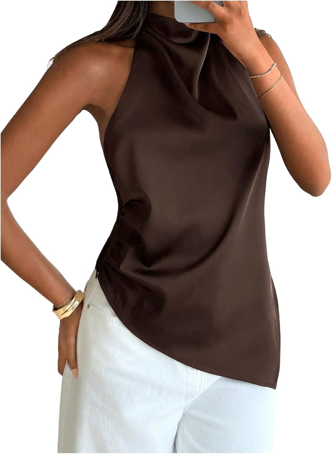 GORGLITTER Women's Asymetrical Satin Top Mock Neck Backless Date Night Tops | Amazon (US)