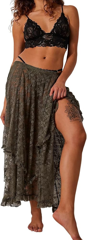 R.Vivimos Women Lace Long Skirts Summer Elastic Asymmetrical Layered Hem Sexy See-Through Beach F... | Amazon (US)
