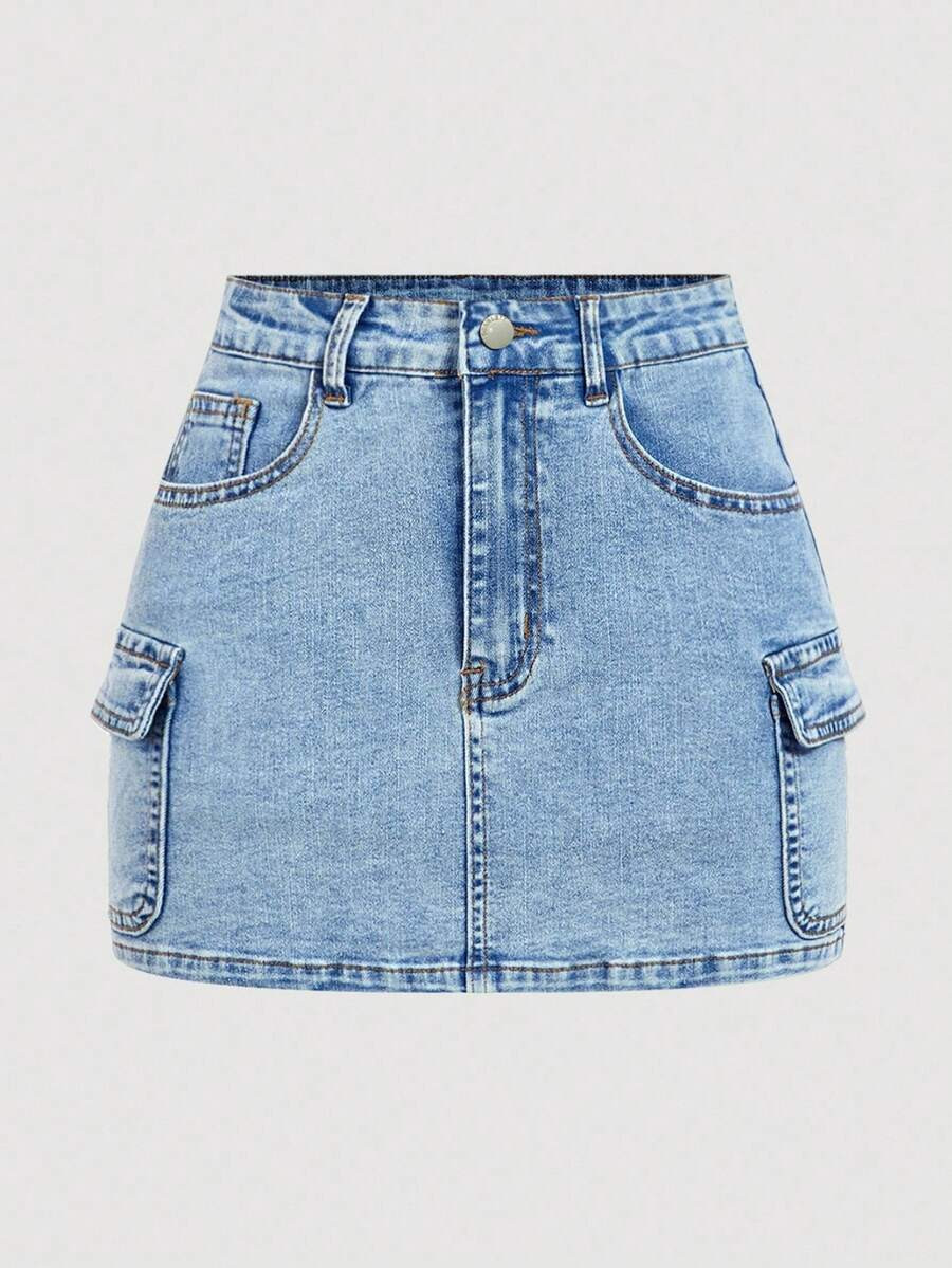 SHEIN CURVE+ Plus Size Casual Washed Denim Cargo Skirt | SHEIN