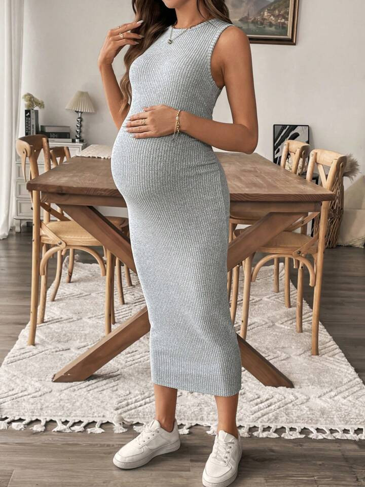 SHEIN Maternity Solid Color Sleeveless Fitted Casual Dress | SHEIN