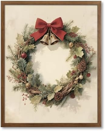 Vintage Christmas Wreath Art Print 8x10” Unframed, Traditional Holiday Decor with Red Bow and B... | Amazon (US)