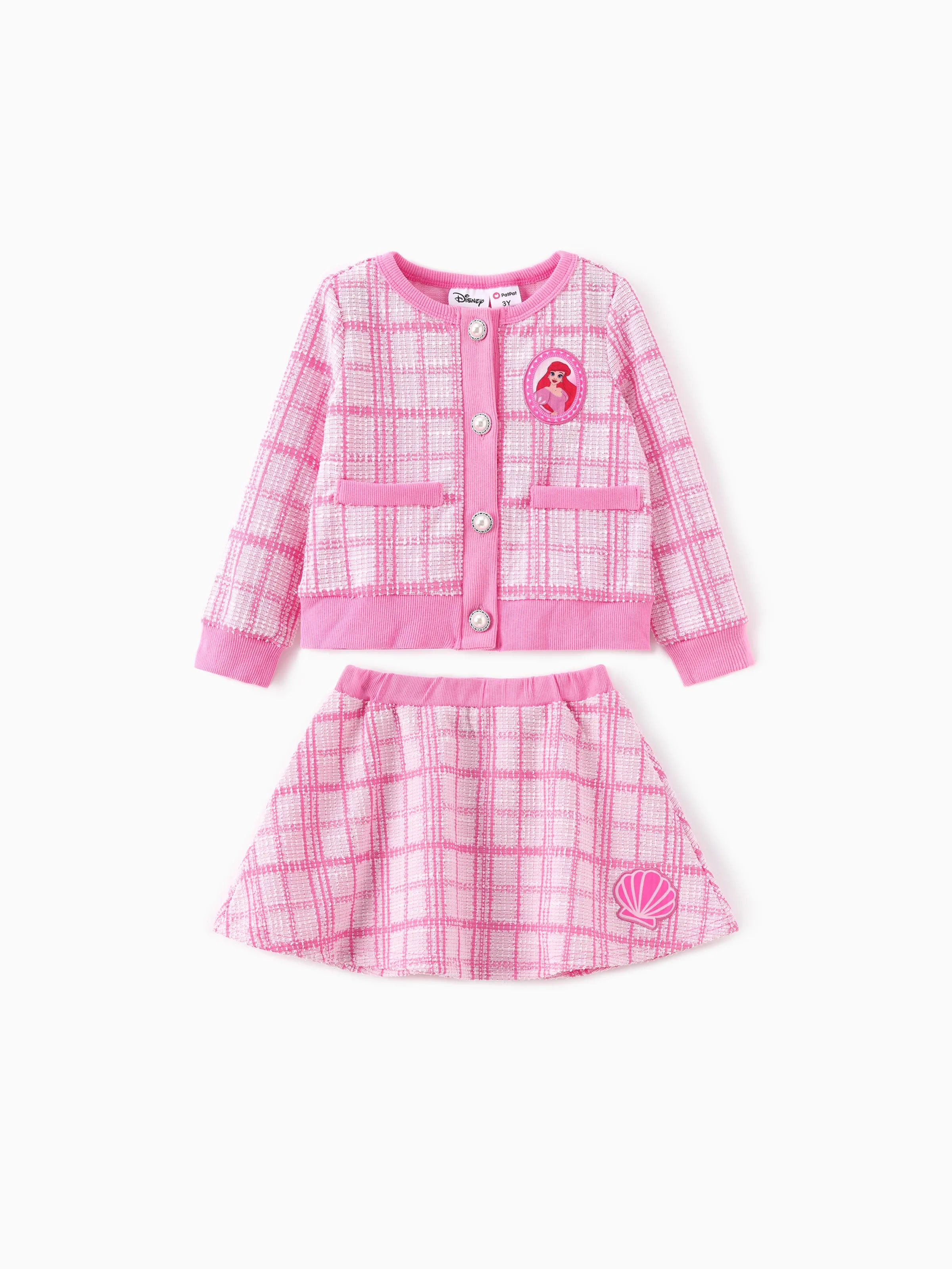 Disney Princess Toddler Girls Ariel 2pcs Preppy Plaid Tweed Cardigan with Skirt Set Pink | PatPat