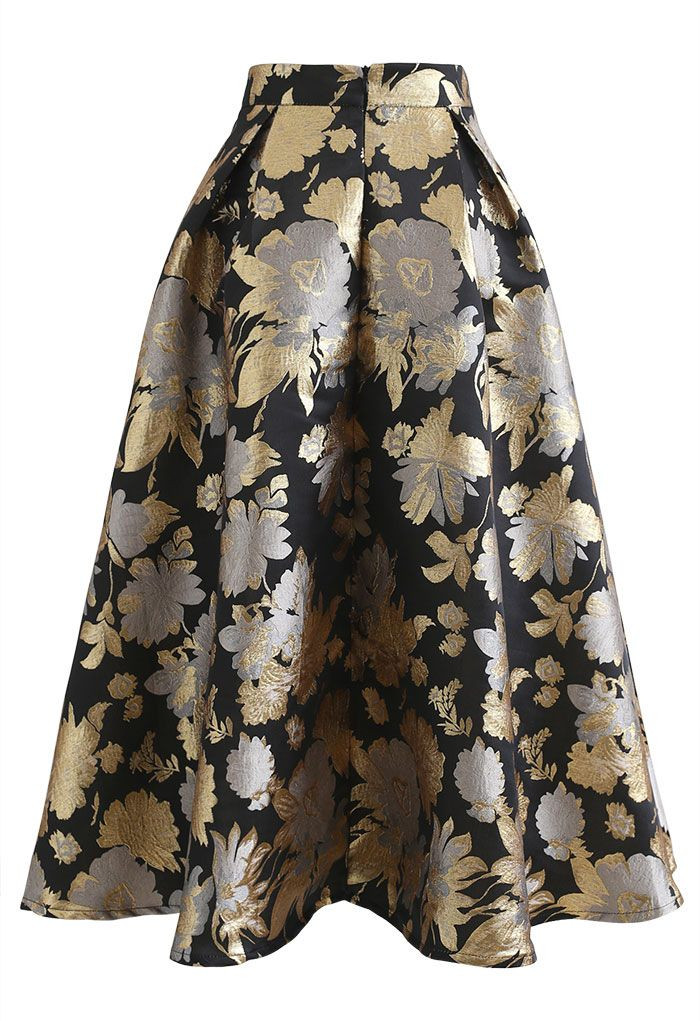 Golden Bouquets Jacquard A-Line Midi Skirt | Chicwish