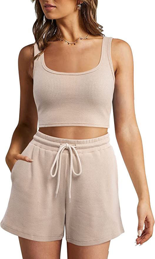 Lingswallow 2 Piece Women Lounge Sets - Sleeveless Crop Top and Shorts Waffle Lounge Set Tracksui... | Amazon (US)