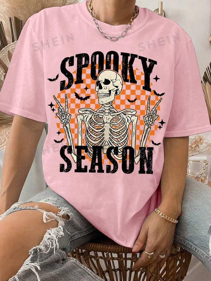 SHEIN LUNE Women's Oversized Crew Neck Skull Letter Print Short Sleeve T-Shirt | SHEIN