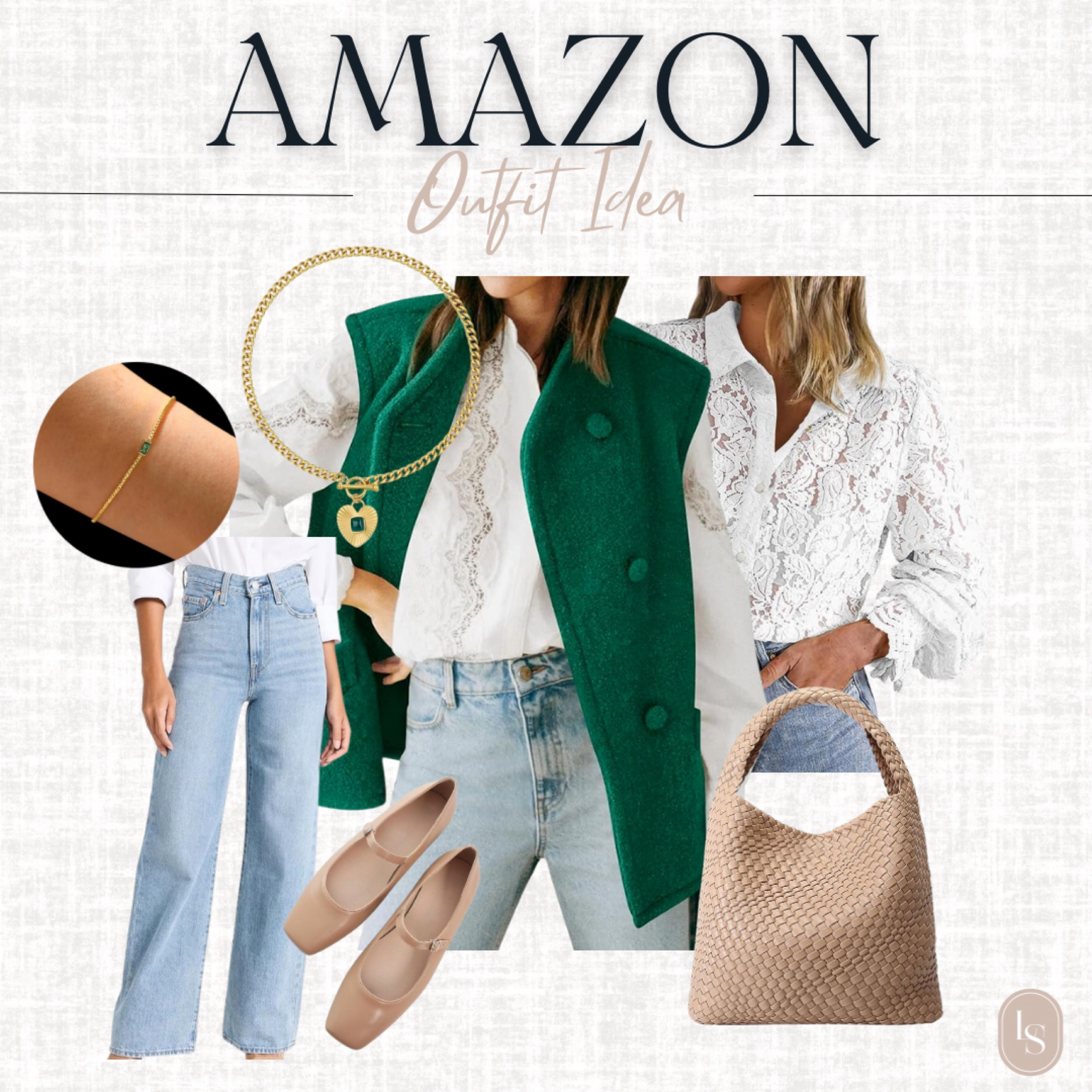 Amazon outfit idea - the cutest green vest paired with an eyelet button down and jeans! Ballet flats and fun jewelry to finish the look. 

#LTKStyleTip #LTKSeasonal #LTKFindsUnder50