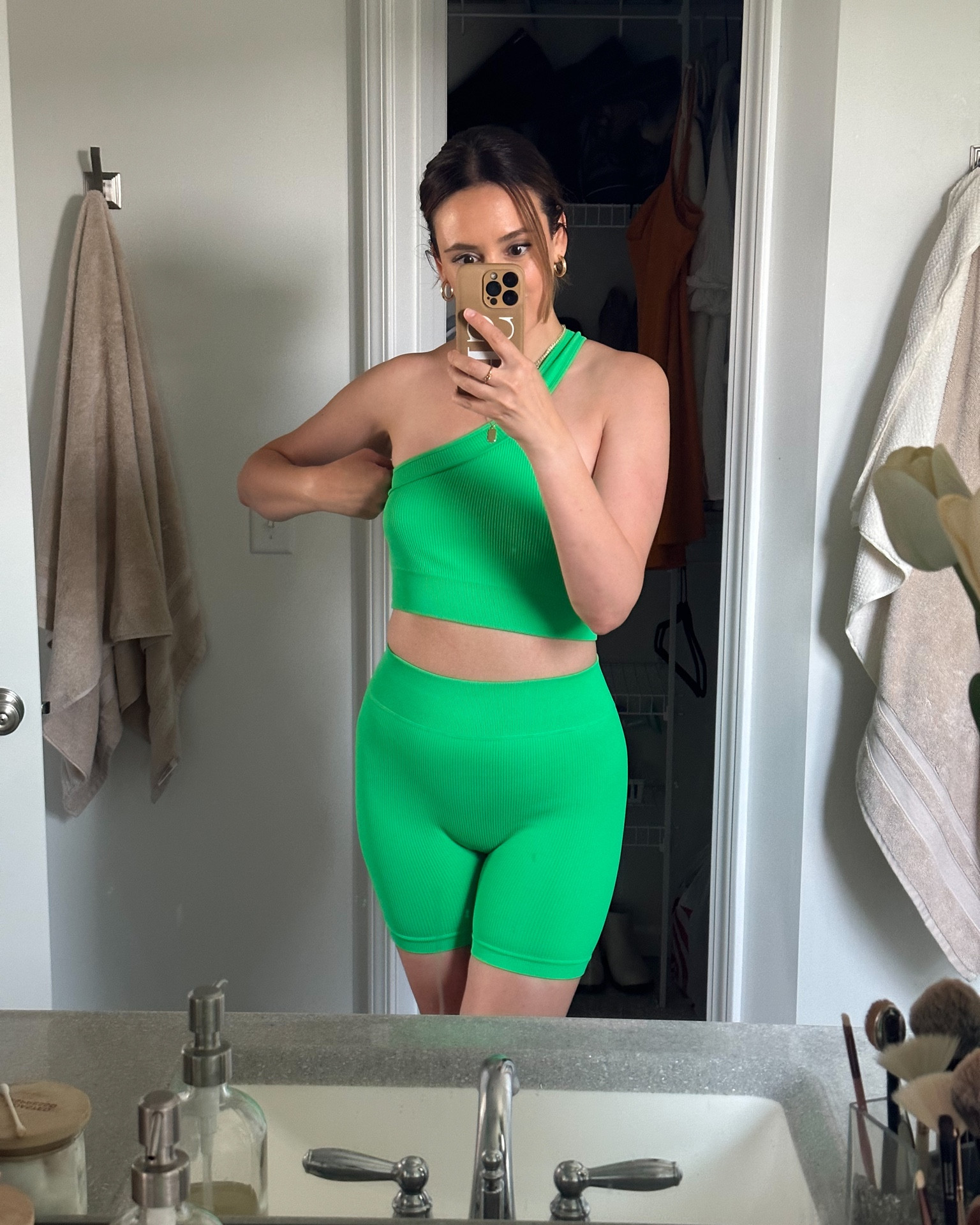 Workout fit. Green workout set. One strap outfit. Amazon find. Green activewear. Green biker shorts. Green sports bra. Single strap sports bra. 

#LTKfit 

#LTKxPrimeDay #LTKstyletip #LTKFind