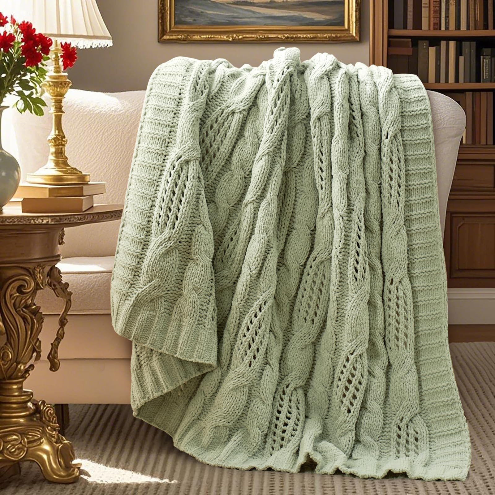 Amélie Home Chunky Knit Chenille Throw Blanket, Breathable Cable Knitted Blanket for Couch, Farm... | Amazon (US)