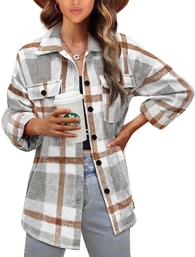 Beaully Women's Flannel Plaid Jacket Long Sleeve Button Down Chest Pocketed Shirts Coats Shacket | Amazon (US)