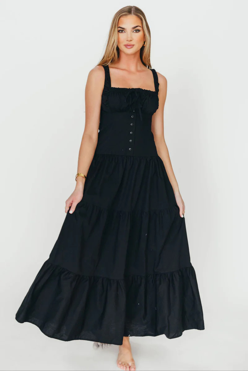 Sutton Corset Button Down Tiered Maxi Dress in Black | Worth Collective