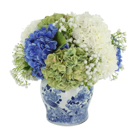 Mid-Size Blue & Green Hydrangea Ginger Jar Arrangement | The Enchanted Home