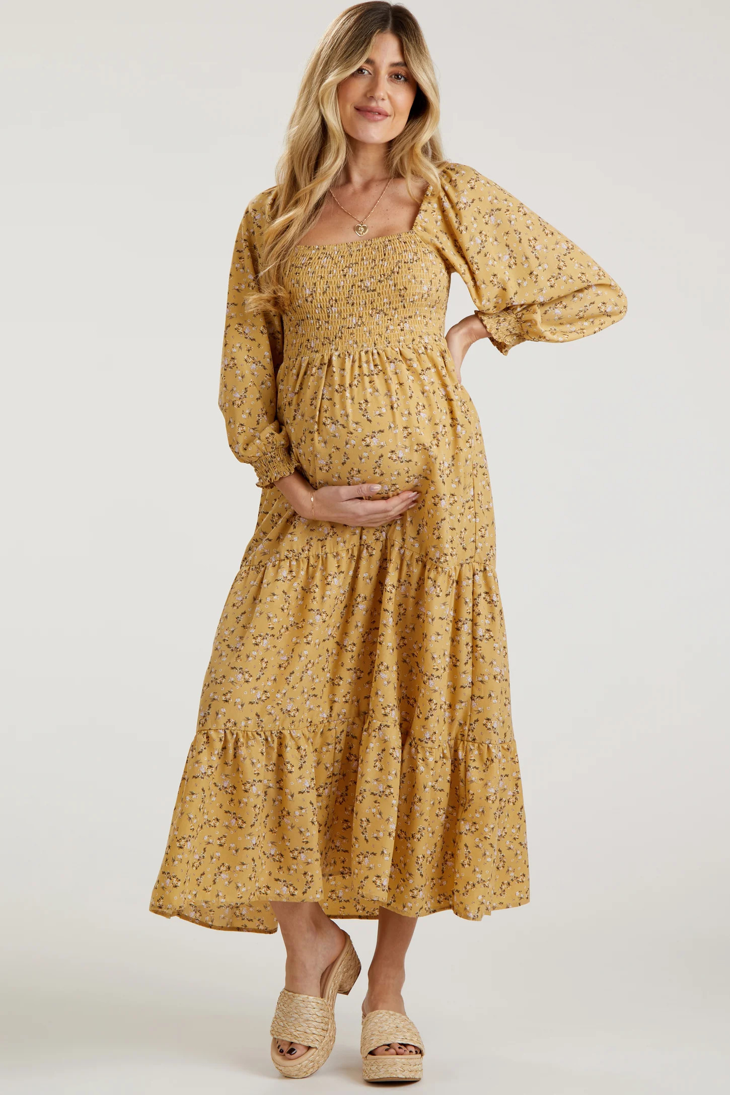 Cream Floral Smocked Long Sleeve Maternity Maxi Dress | PinkBlush Maternity