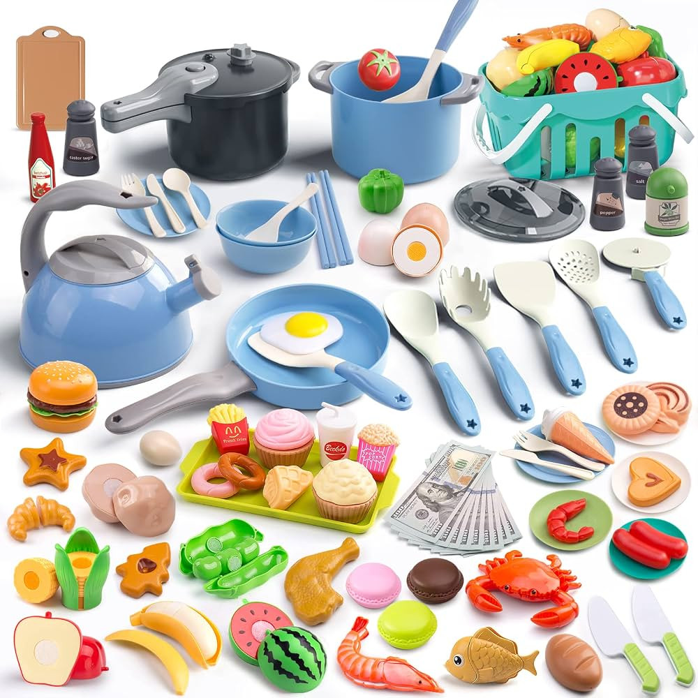 130Pcs Kitchen Playset, Toddler Pretend Cooking Play Pots, Pans, Utensils Cookware, Daily Food Fr... | Amazon (US)