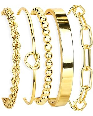Gold Bracelets Set for Women Non Tarnish, Waterproof 14K Gold Plated Sterling Silver Chunky Cuff ... | Amazon (US)