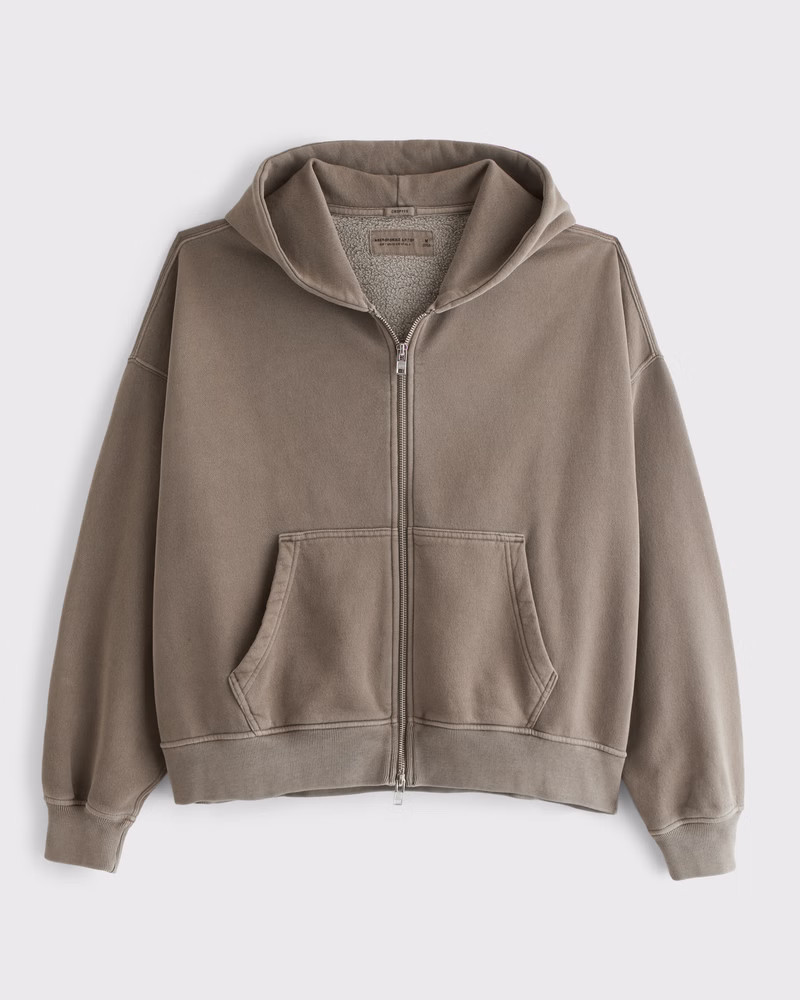 Abercrombie & Fitch Men's Cropped Essential Full-Zip Hoodie in Gray Brown - Size M | Abercrombie & Fitch (US)