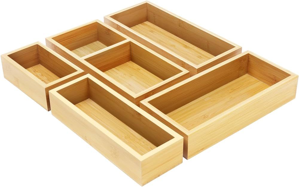 Bamboo Drawer Organizer Box Set, 5 PCS Multi-Use Individual Wood Storage Containers, Junk Drawer ... | Amazon (US)