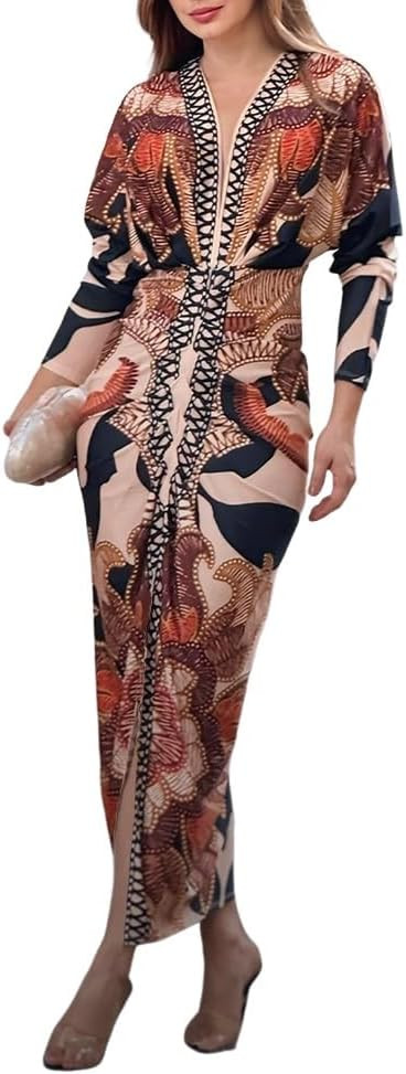 CHICME Women's Bodycon Long Sleeve Dress Casual Plunge V Neck Ruched Midi Dress 2025 Fall Bodycon... | Amazon (US)