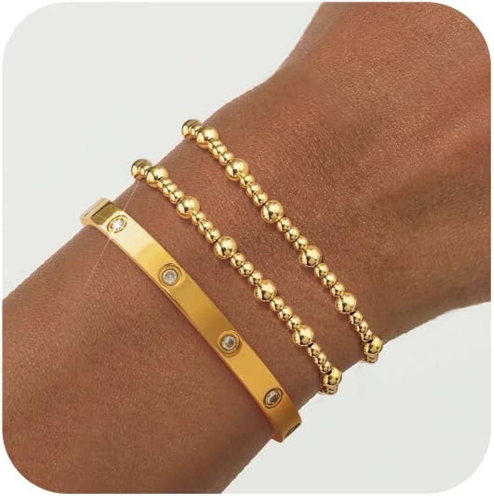 doubgood Gold Bracelets for Women 3PCS Gold Bangles for Women Stretch Gold Beaded Bracelets Cubic... | Amazon (US)