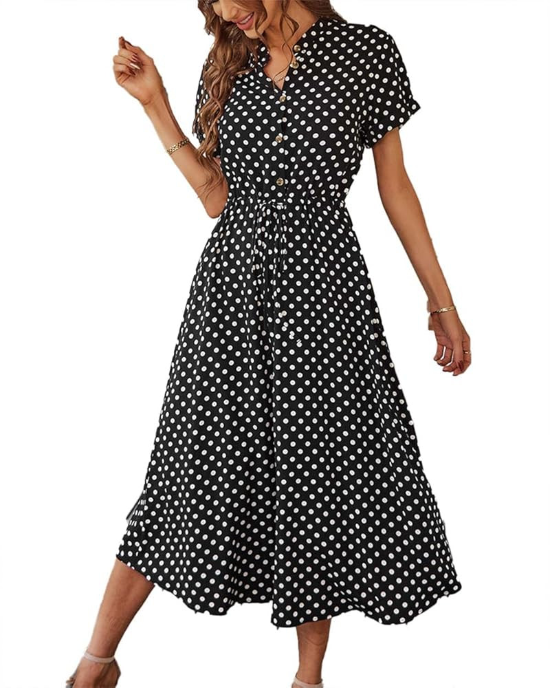 Women's Polka Dot Maxi Ruffle Dress Henley Button Down Flowy Summer Midi Shirt Dress High Waist T... | Amazon (US)