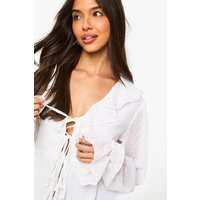 boohoo Women's Dobby Mesh Tie Ruffle Blouse in Ivory | Size: 8 | Boohoo.com (UK & IE)