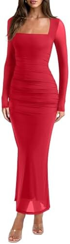 REORIA Long Sleeve Wedding Guest Maxi Dresses for Women Sheer Mesh Square Neck Ruched Bodycon Lon... | Amazon (US)