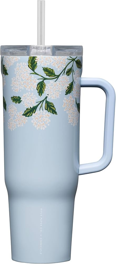Corkcicle x Rifle Paper Co. Cruiser Insulated Tumbler with Handle and Straw, Gloss Blue Hydrangea... | Amazon (US)