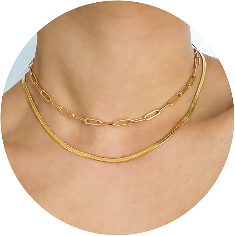 Tewiky Herringbone Necklace for Women Dainty 14k Gold Snake Chain Necklace Layered Gold Herringbo... | Amazon (US)