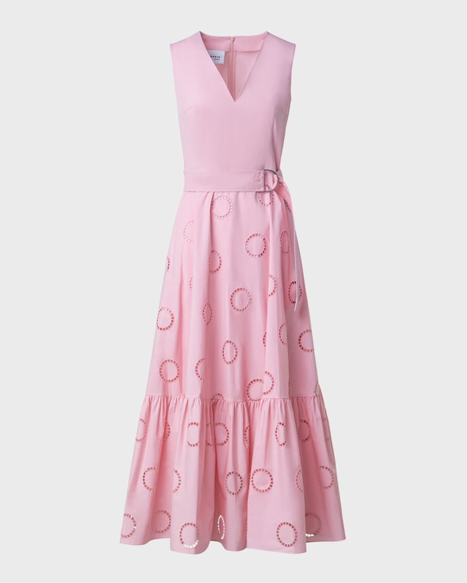 Akris punto Circle Eyelet-Embroidered Tiered Midi Dress | Neiman Marcus