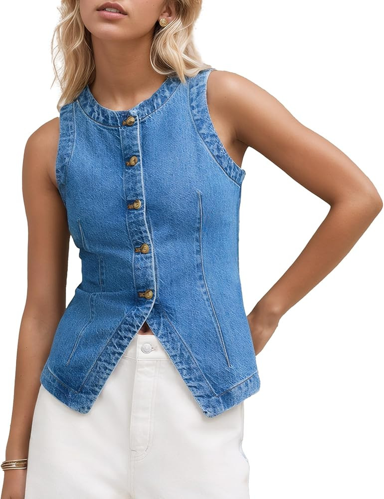 D-Sun Women Denim Vest Sleeveless Crewneck Button Down Jean Waistcoat Casual Front Slit Slim Deni... | Amazon (US)