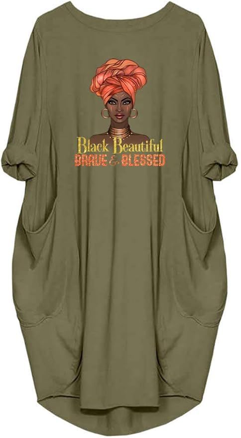WbJetr Women's Long Sleeve Pocket Dress Black Woman Afro Brave Blessed Tunic Tops | Amazon (US)