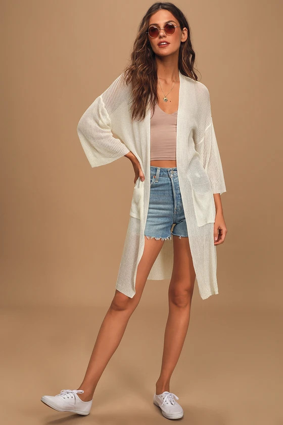 Mesh with Me White Three-Quarter Sleeve Loose Knit Cardigan | Lulus (US)