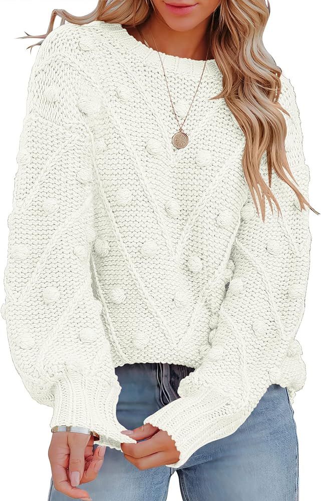 ANRABESS Women’s Crewneck Balloon Long Sleeve Cable Knit Chunky Cozy Oversized Pom Pullover Sweater | Amazon (US)