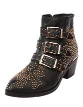 Black Motorcycle Boots Stud Leather Boots Women's Chunky Heel Punk Style Booties With Buckle | Milanoo