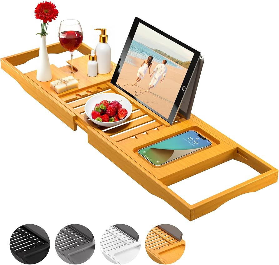 Bamboo Bathtub Tray Caddy - Adjustable Bath Tray, Bath Tub Tray Table, Bath Tray for Tub - Wooden... | Amazon (US)