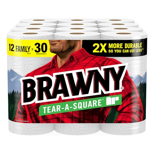 Brawny Tear-A-Square Paper Towels, 12 Family Rolls = 30 Regular Rolls, 2X More Durable*, 3 Sheet ... | Amazon (US)