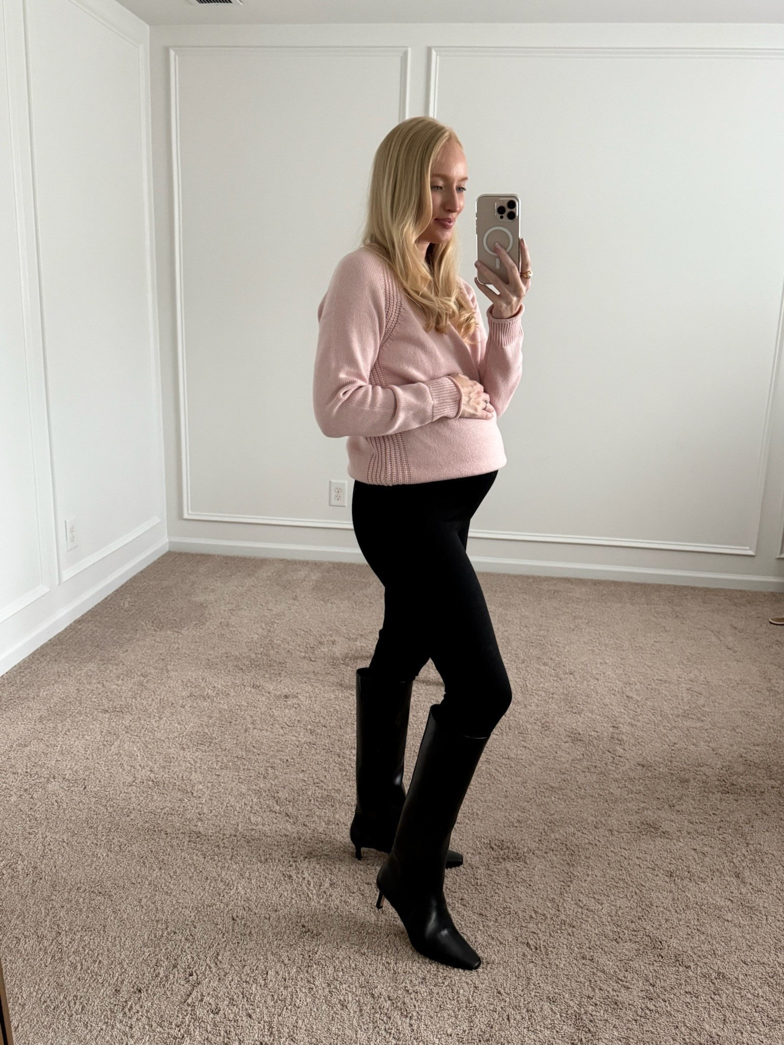 Bump friendly fall/winter workwear look from the Nordstrom anniversary sale! Wearing a size medium in the sweater and Spanx Ponte leggings. Will need a small in the leggings post partum. Nsale finds // workwear // work outfits // Nsale Spanx // knee high boots // black boots // Nsale sweaters 

#LTKBump #LTKSaleAlert #LTKWorkwear