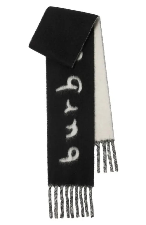 burberry Logo Text Jacquard Reversible Alpaca & Wool Blend Fringe Scarf in Black at Nordstrom | Nordstrom