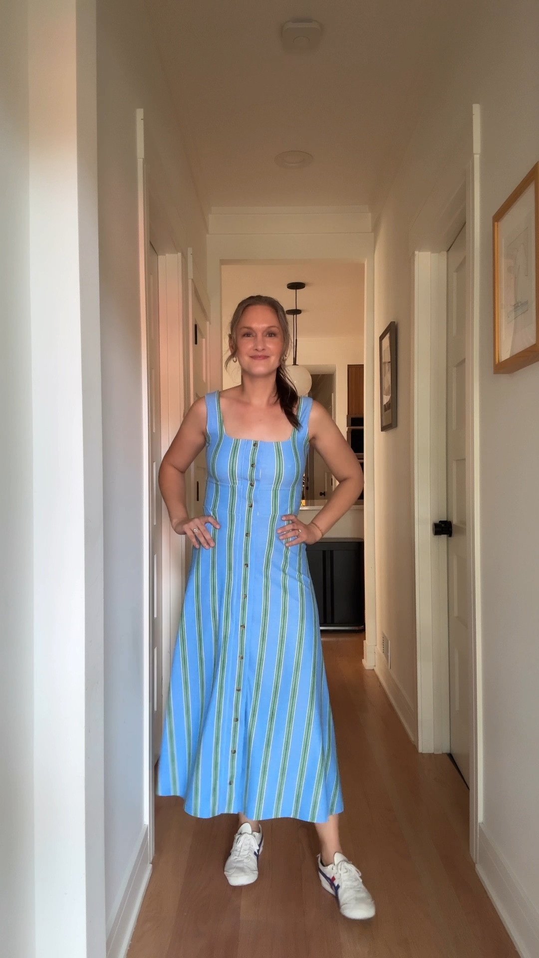 On a heat-advisory Thursday in July, this cool stay-at-home city mom somehow managed to look effortlessly polished in a breezy blue-and-green striped midi dress, her go-to sneakers, trusty gold hoops, and her now-signature stack of permanent bracelets glinting in the morning sun. The day kicked off with coordinating tree removal like a woman who schedules power tools between daycare drop-off and blog deadlines. After a productive stretch at her desk, she headed to a lunch meeting with her new creative collaborators—barely containing her excitement as the new Friend of a Mom Book Club pick went live mid-walk (cue subtle celebratory fist pump). A quick outfit refresh later, she was off to physical therapy to coax her ankle back to full strength, before tying up loose ends on her laptop and heading out for the best part of her day: scooping up her little guy for an evening filled with hugs, giggles, and probably a very dramatic reading of Goodnight, Goodnight Construction Site.

#LTKSeasonal #LTKStyleTip #LTKWorkwear