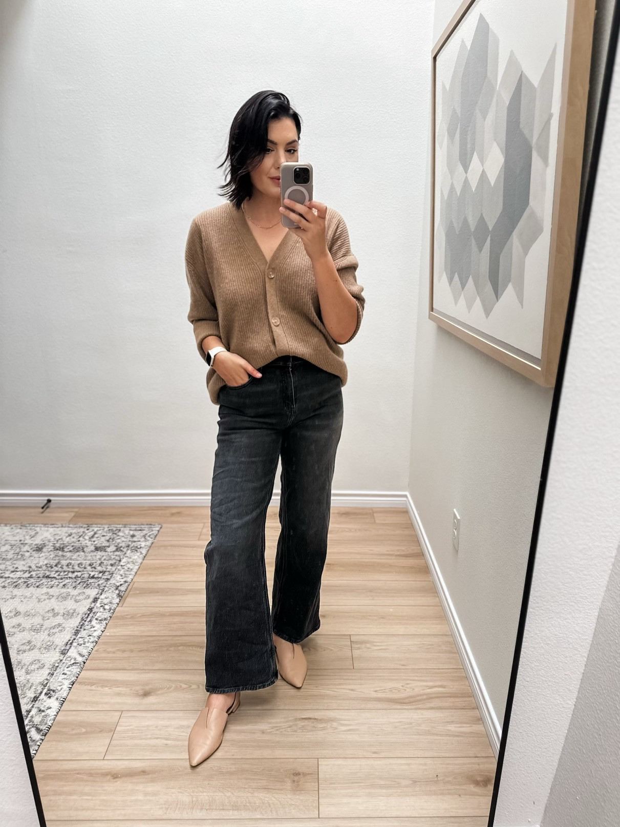 This is another cashmere option from Quince, but it is more $$. This cardigan runs VERY big, this is the medium and it fits like a generous large. So keep that in mind! I like to wear it open as a cardigan with a tee under, but I’ve also been loving wearing it as a top. Another favorite you can’t go wrong with. 

I’m in the medium here!

I'm in the 30 of the jeans but they run TTS and relax as you wear them.  

 