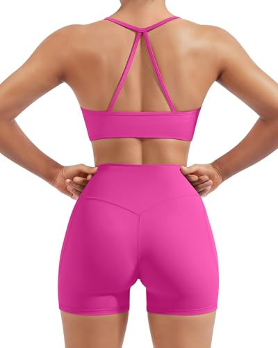 SUUKSESS Women 2 Piece Workout Sets Padded Halter Sports Bras High Waisted Biker Shorts with Pockets Built in Bra Athletic Tops (Hot Pink, S) | Amazon (US)