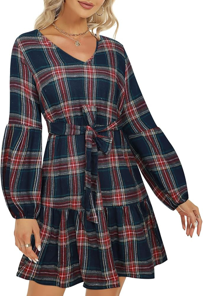 ROYLAMP Women's Tunic Dresses Long Sleeve V Neck Plaid Tie Waist Ruffle Swing Shift Casual Mini D... | Amazon (US)
