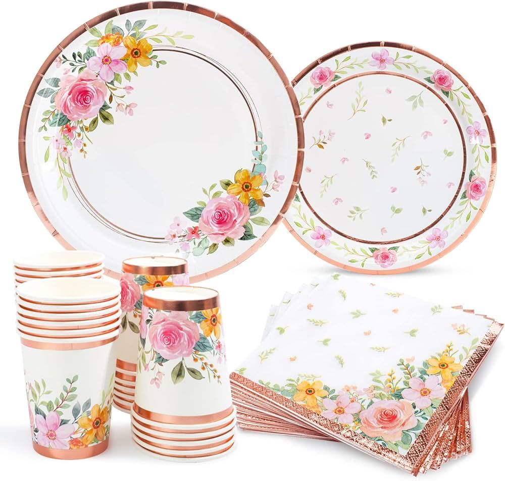 Floral Paper Plates and Napkins Cups Sets Pink Flower Tea Party Supplies Disposable Dinnerware Se... | Amazon (US)
